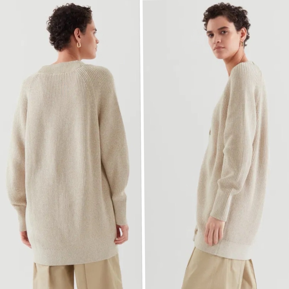 COS Longline V-Neck Cardigan Ribbed  Knit Cotton  In Cream Size S - Picture 3 of 13